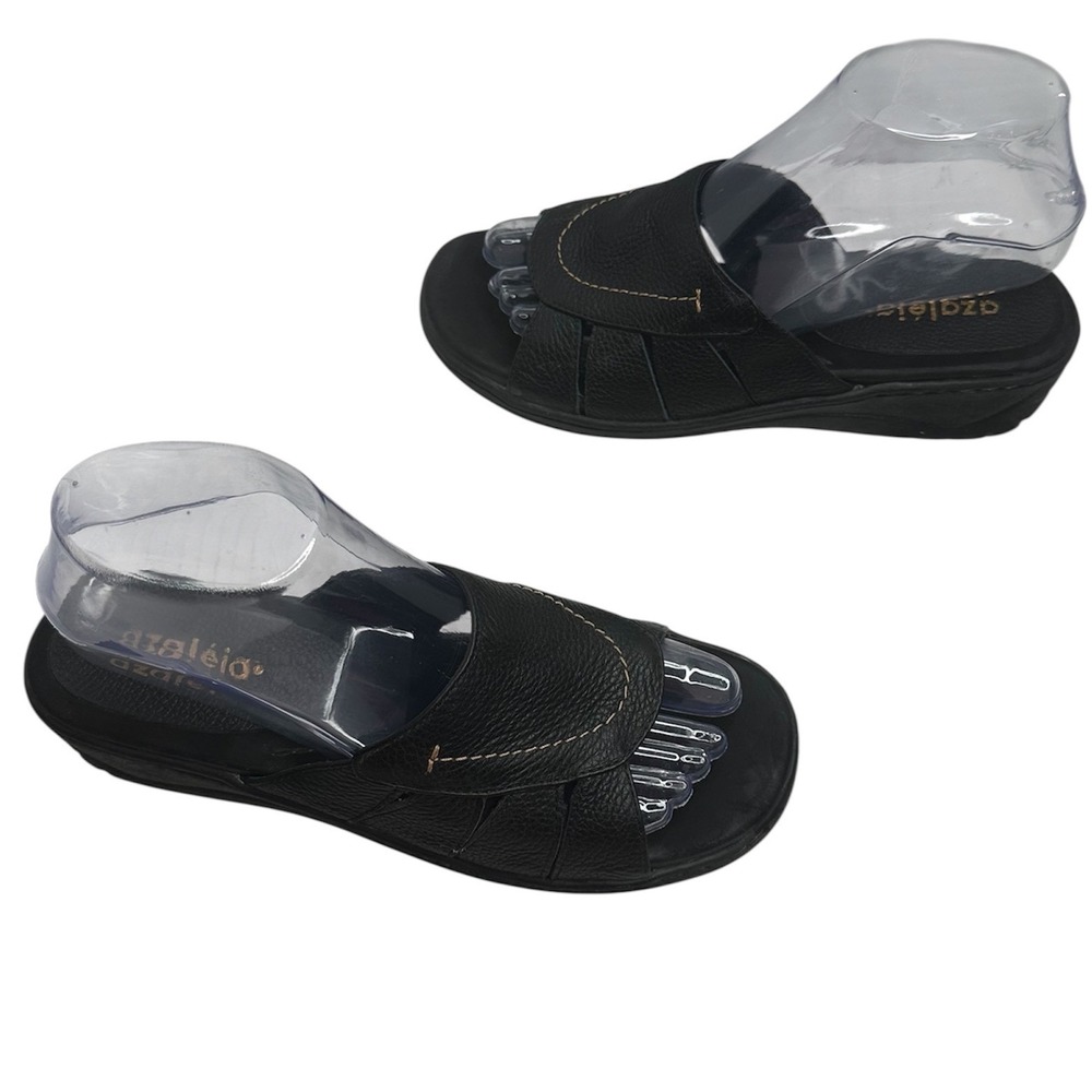 Azaleia Womens Black Pebbled Leather Wedge Slide Sandals Size 7.5 Made in Brazil